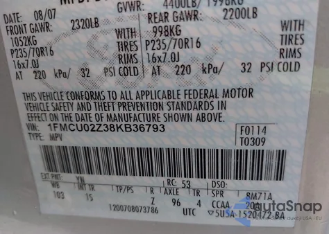 2008 Ford Escape Xls/Xls Manual z USA, uszkodzony, nr VIN 1FMCU02Z38KB36793